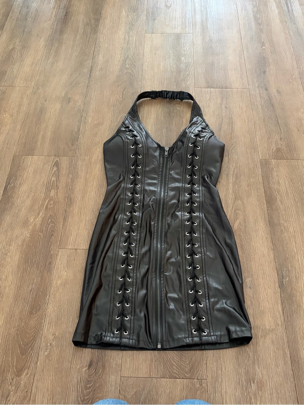 Lydia Black Faux Leather Halter Mini Dress with Lace-Up Detail medium